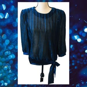 Vintage 80s Frejani Formal Sheer Blouse Top Black Blue Metallic Stripe XL